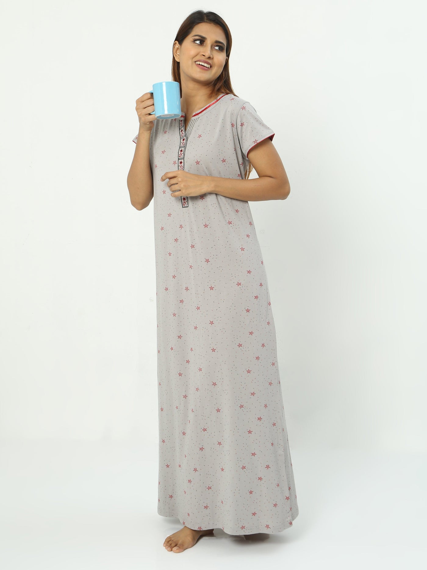 Hosiery Cotton Designer Nighty Grey