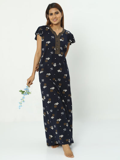 Hosiery Cotton Designer Maxi Nighty Black