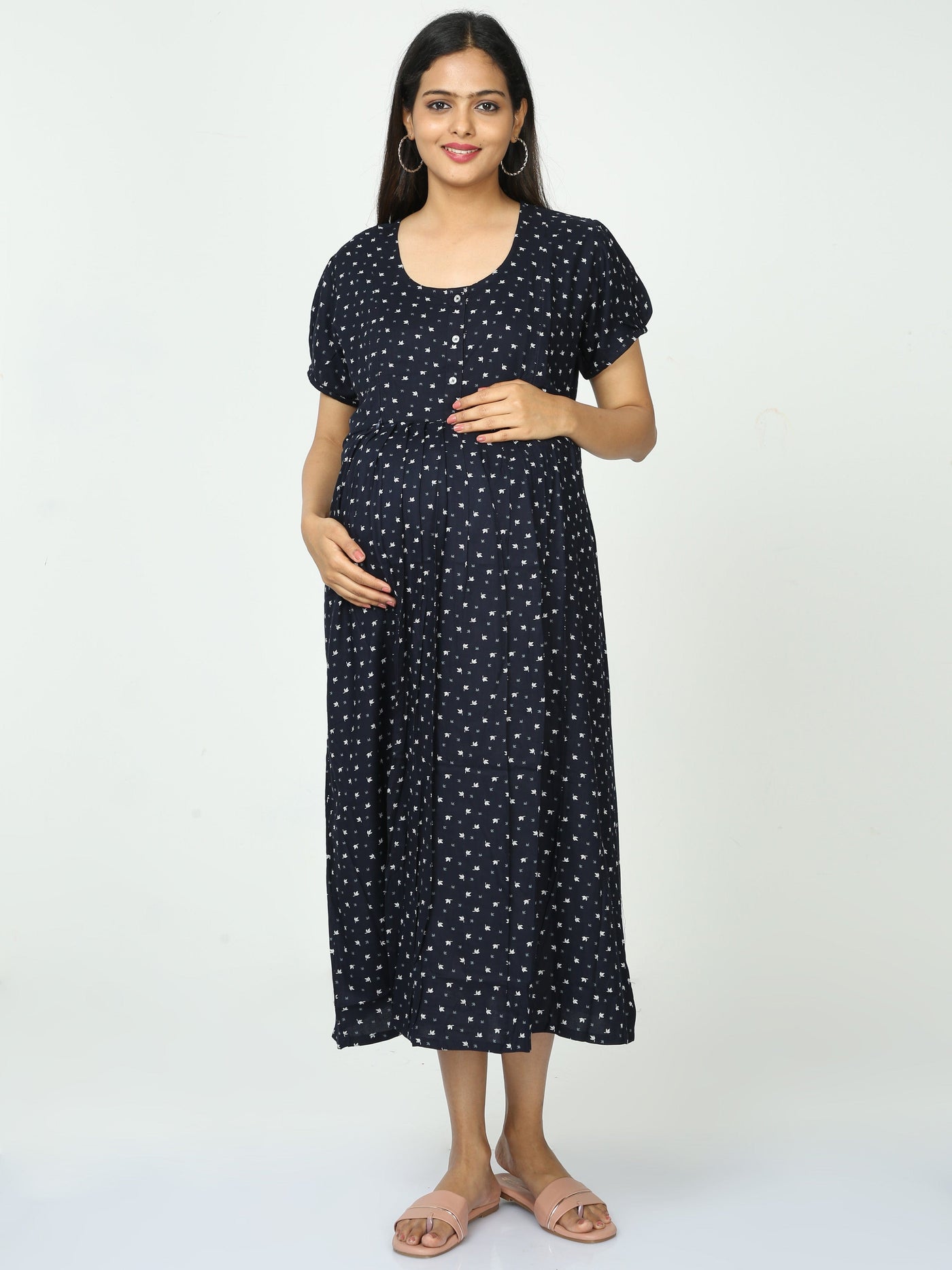 Rayon Maternity Feeding Nighty Navy Blue