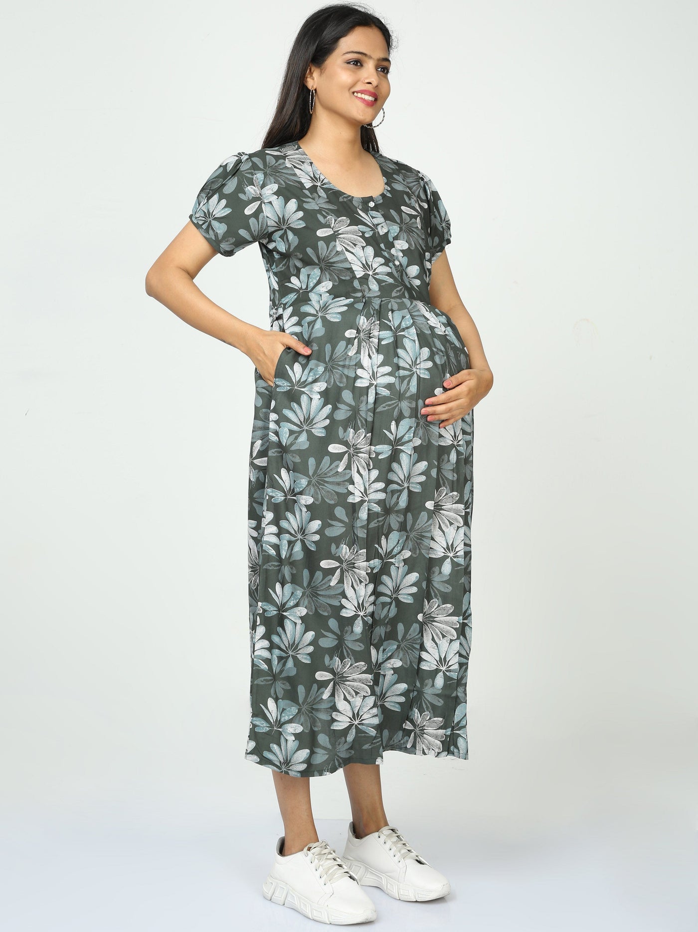 Rayon Maternity Feeding Nighty Green