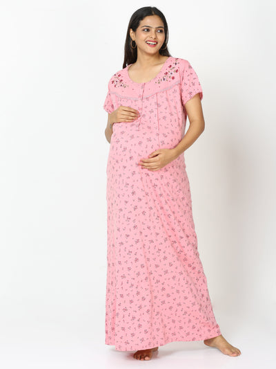 Cotton Blend Maternity Feeding Nighty Bubble Pink