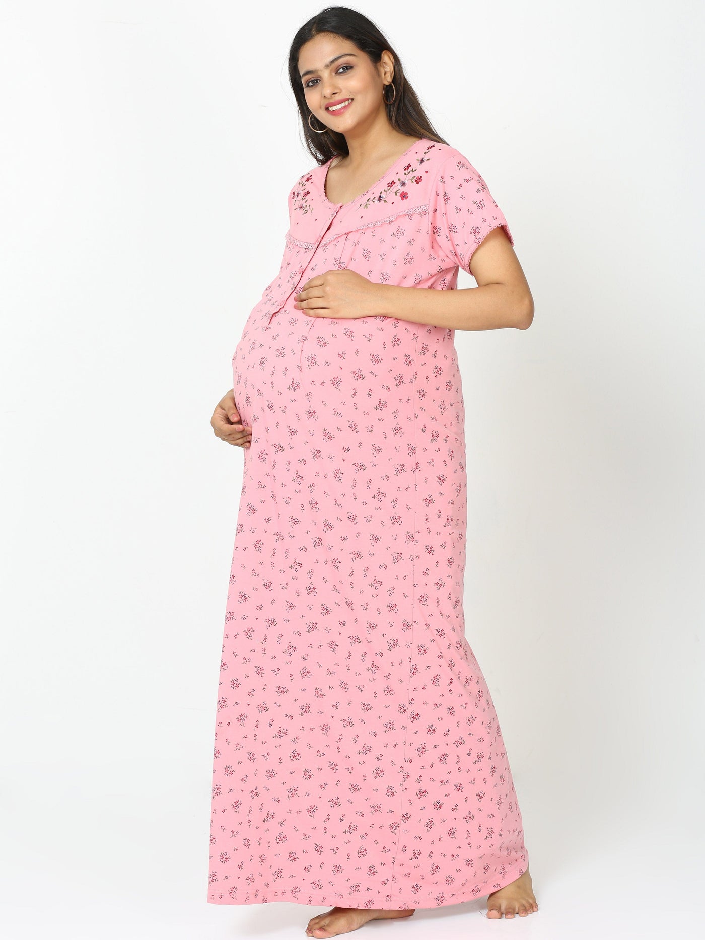 Cotton Blend Maternity Feeding Nighty Bubble Pink