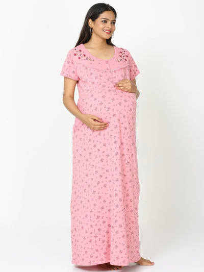 Cotton Blend Maternity Feeding Nighty Bubble Pink