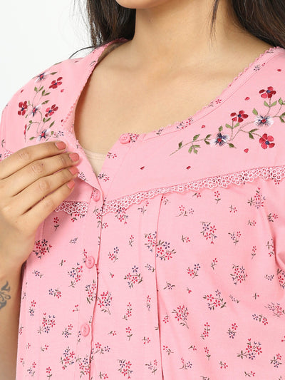 Cotton Blend Maternity Feeding Nighty Bubble Pink