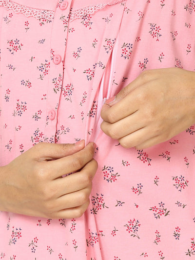 Cotton Blend Maternity Feeding Nighty Bubble Pink
