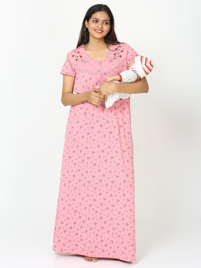 Cotton Blend Maternity Feeding Nighty Bubble Pink