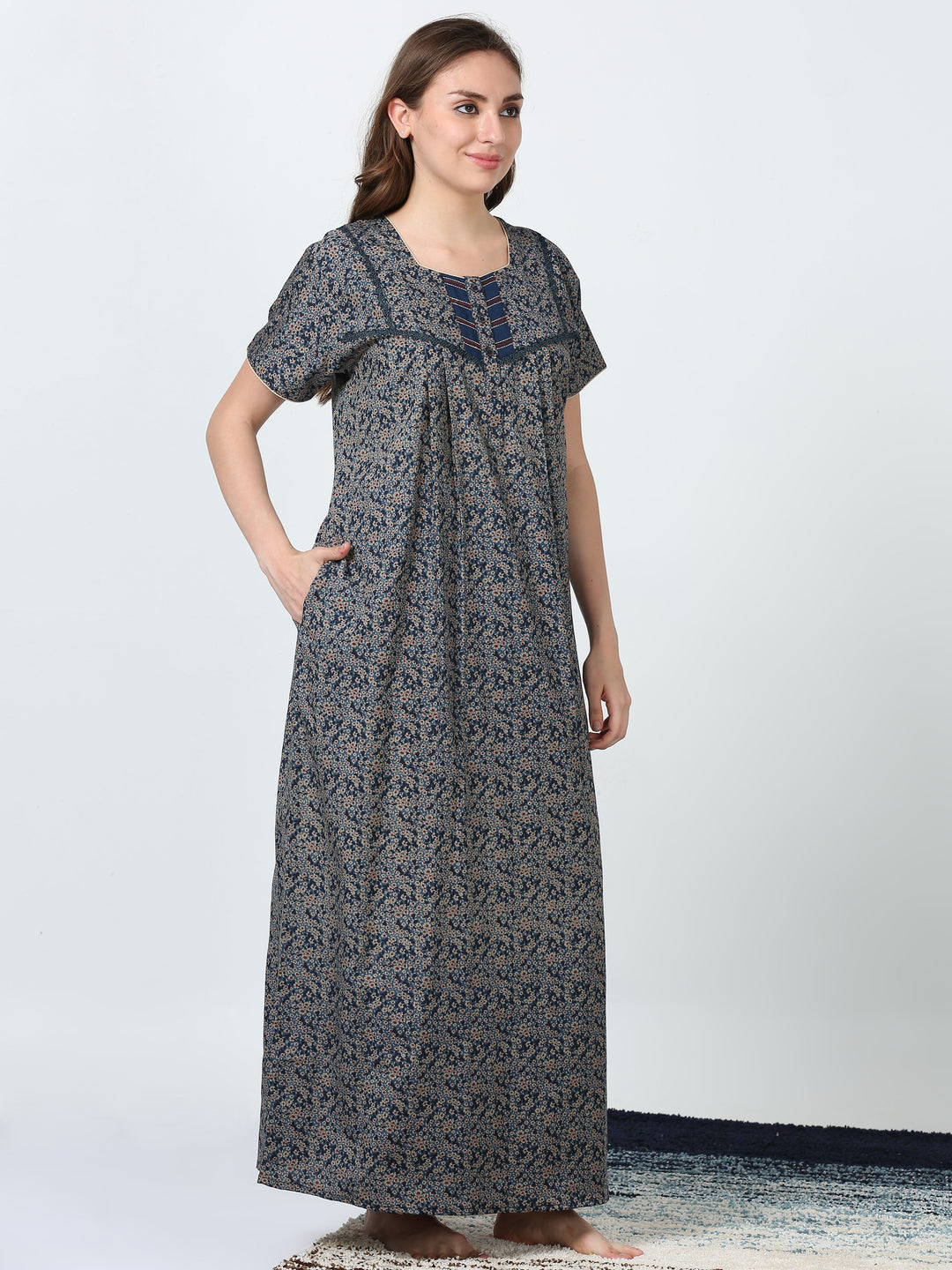  Micro Poly Viscose Nighty  Buy Now! Comfy Micro Poly Viscose Navy Blue Printed Nighty- 9shines label 