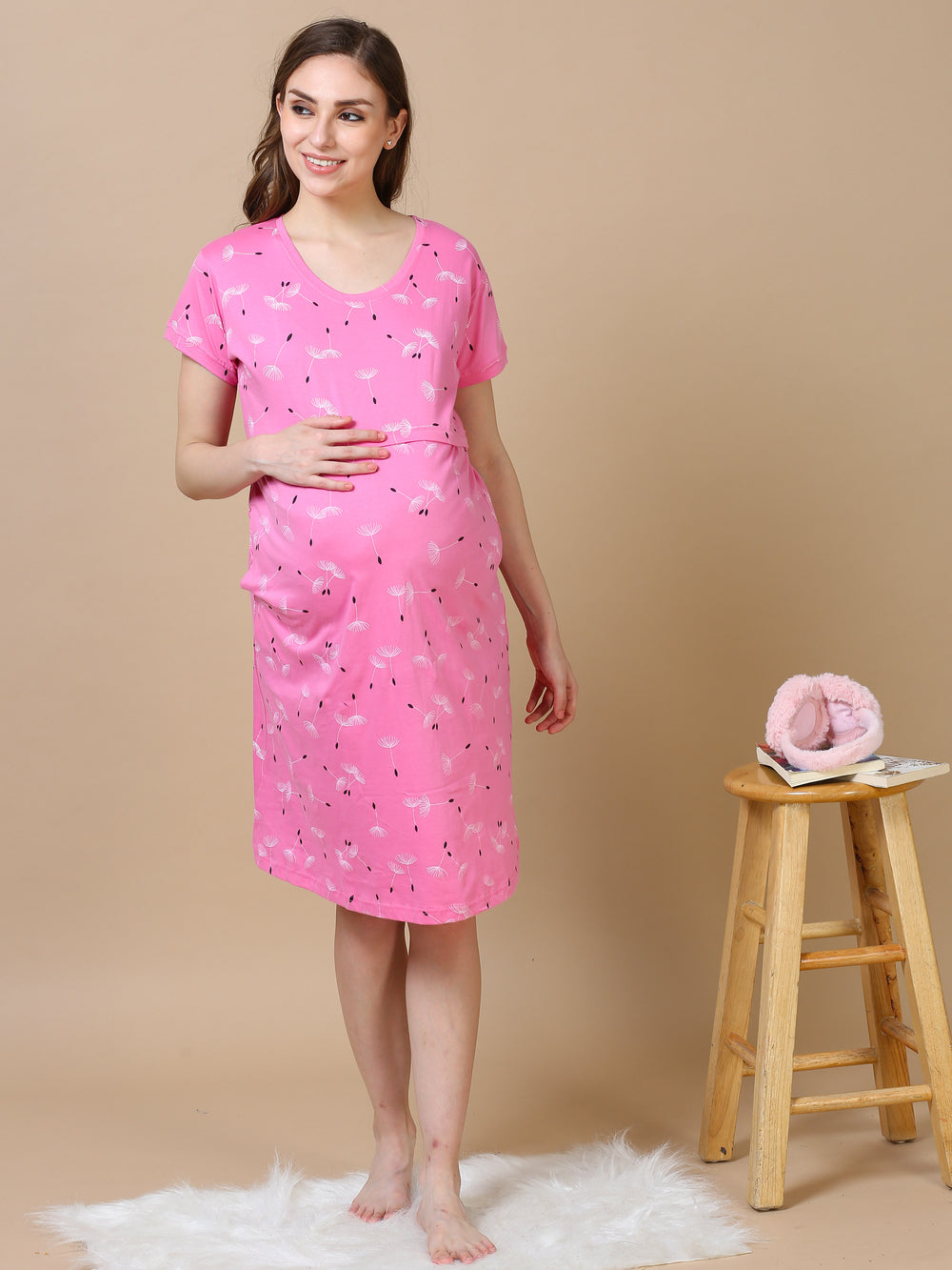  Maternity Short Nighty  Baby Pink Hosiery Cotton Maternity Nighty- 9shines label 