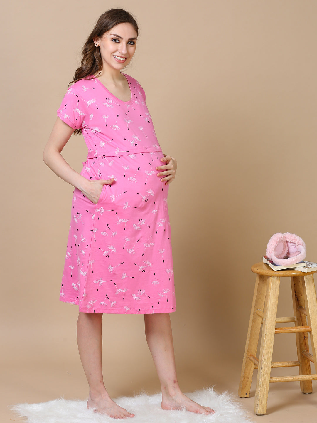  Maternity Short Nighty  Baby Pink Hosiery Cotton Maternity Nighty- 9shines label 