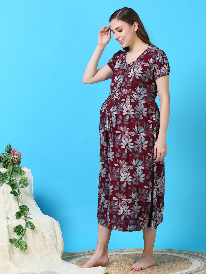  Maternity Dress  Maternity Nighty India - Red Rayon Maternity Feeding Nighty- 9shines label 