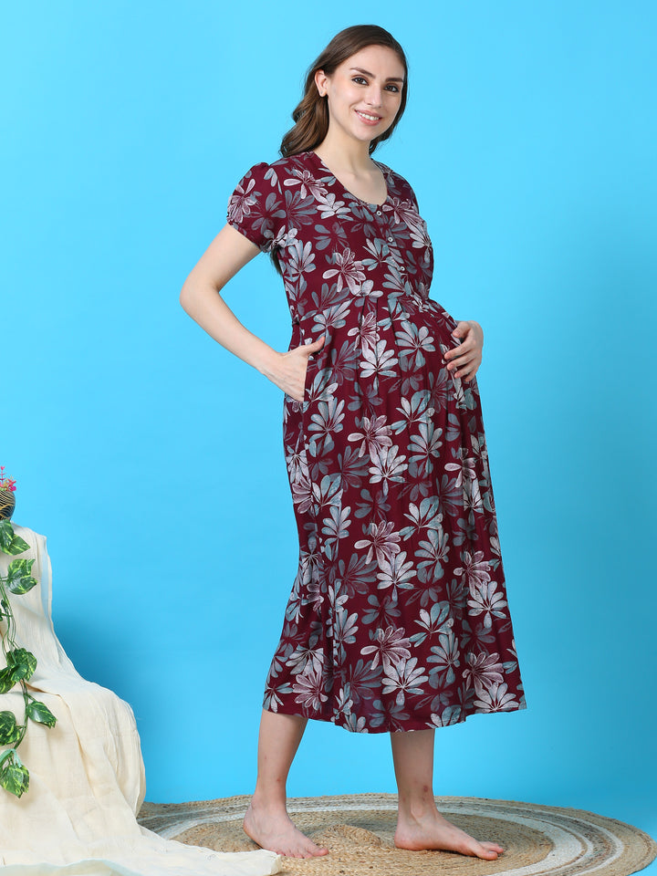  Maternity Dress  Maternity Nighty India - Red Rayon Maternity Feeding Nighty- 9shines label 