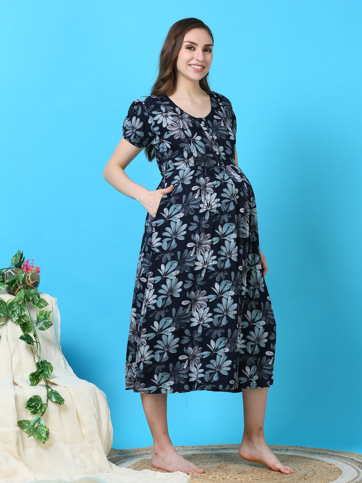  Maternity Dress  Feeding Nighty India - Rayon Maternity Feeding Blue Nighty- 9shines label 