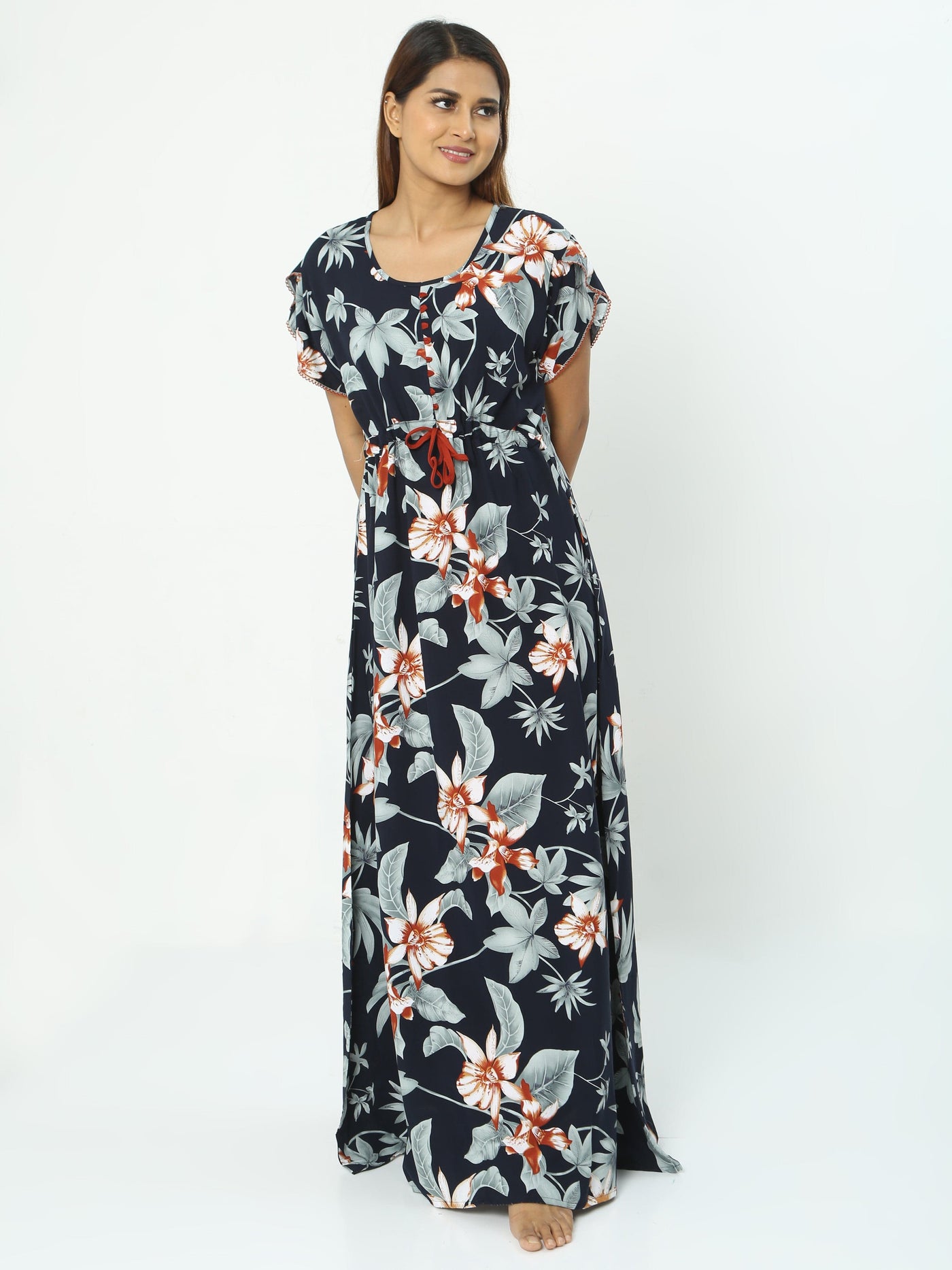 Rayon Designer Nighty Floral Dark Blue
