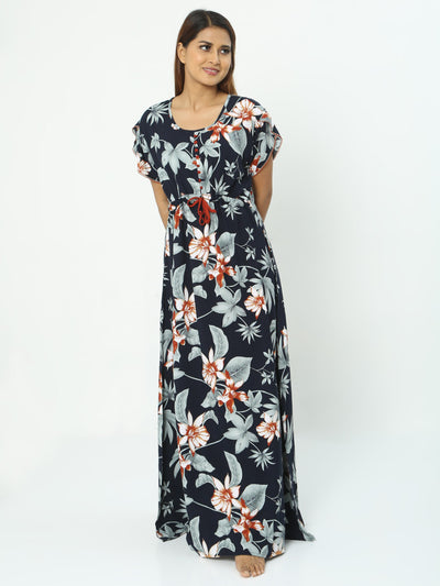 Rayon Designer Nighty Floral Dark Blue