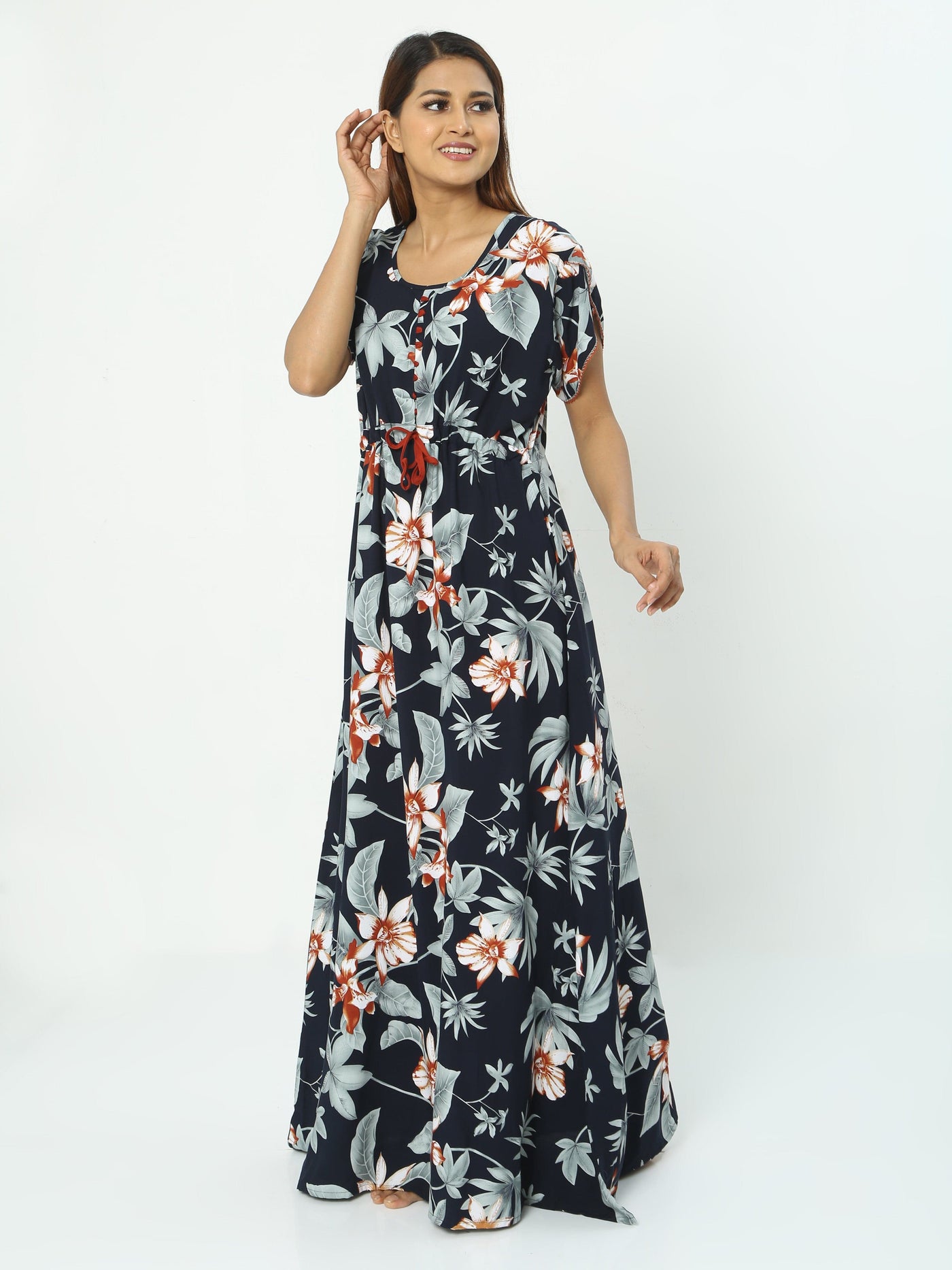 Rayon Designer Nighty Floral Dark Blue
