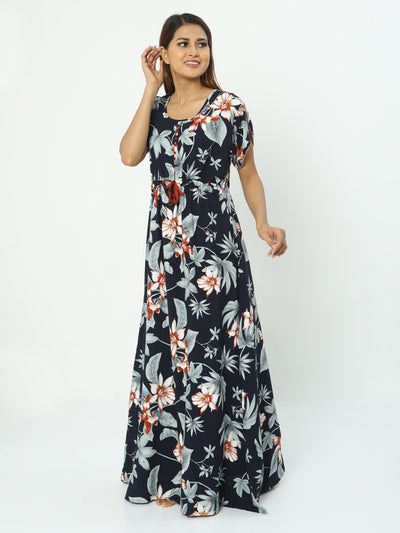 Rayon Designer Nighty Floral Dark Blue