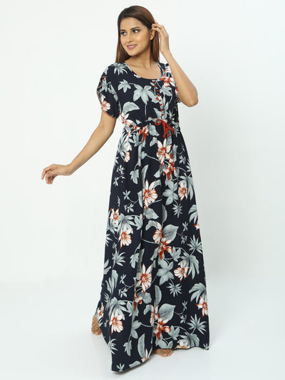 Rayon Designer Nighty Floral Dark Blue