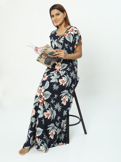 Rayon Designer Nighty Floral Dark Blue