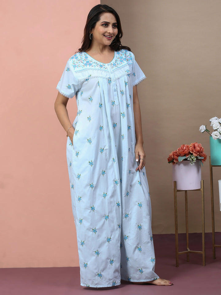 Sitarah Edit – Pure Cotton Phulkari Nightdress in Soothing Light Blue