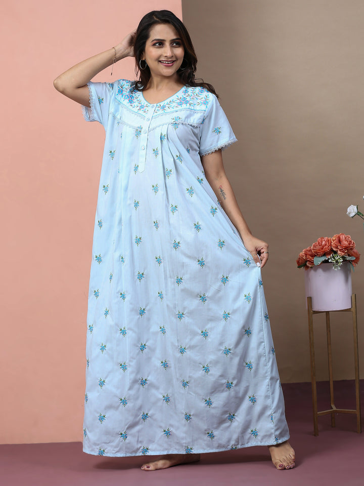 Sitarah Edit – Pure Cotton Phulkari Nightdress in Soothing Light Blue
