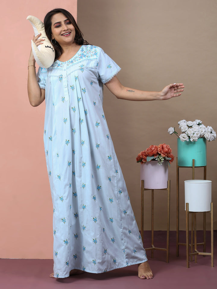 Sitarah Edit – Pure Cotton Phulkari Nightdress in Soothing Light Blue