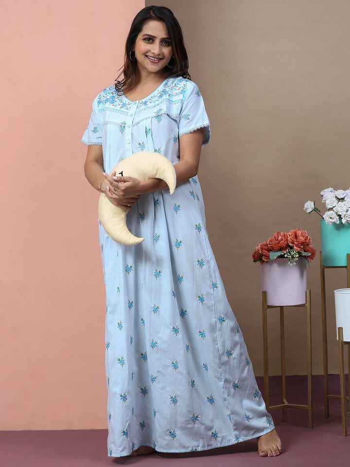 Sitarah Edit – Pure Cotton Phulkari Nightdress in Soothing Light Blue