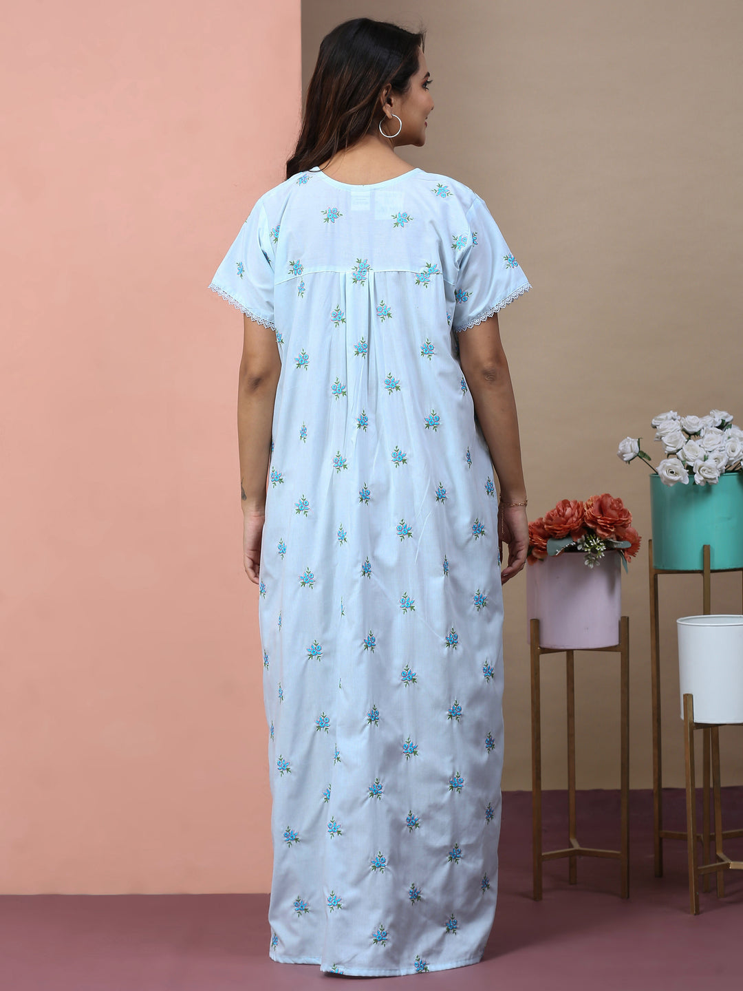 Sitarah Edit – Pure Cotton Phulkari Nightdress in Soothing Light Blue