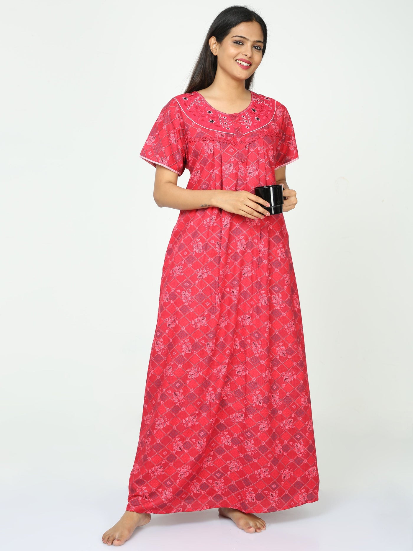 Polyester Viscose Designer Nighty Rani Pink