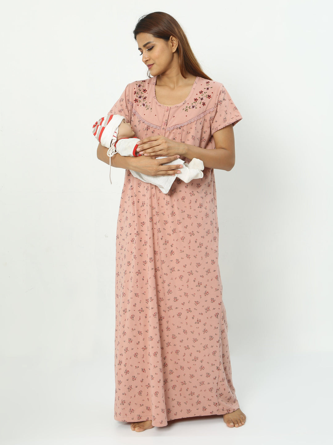  Maternity Long Nighty  Pink Nighty - Cotton Blend Maternity Feeding Nighty - 9shines label 