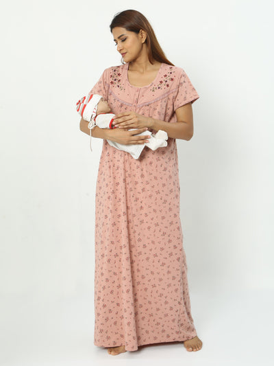Cotton Blend Maternity Feeding Nighty Sand Pink