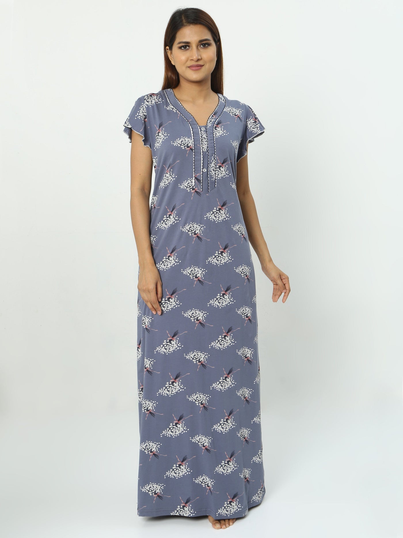 Hosiery Cotton Designer Nighty Dark Grey
