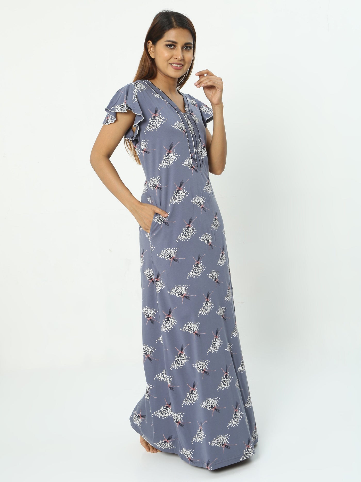 Hosiery Cotton Designer Nighty Dark Grey