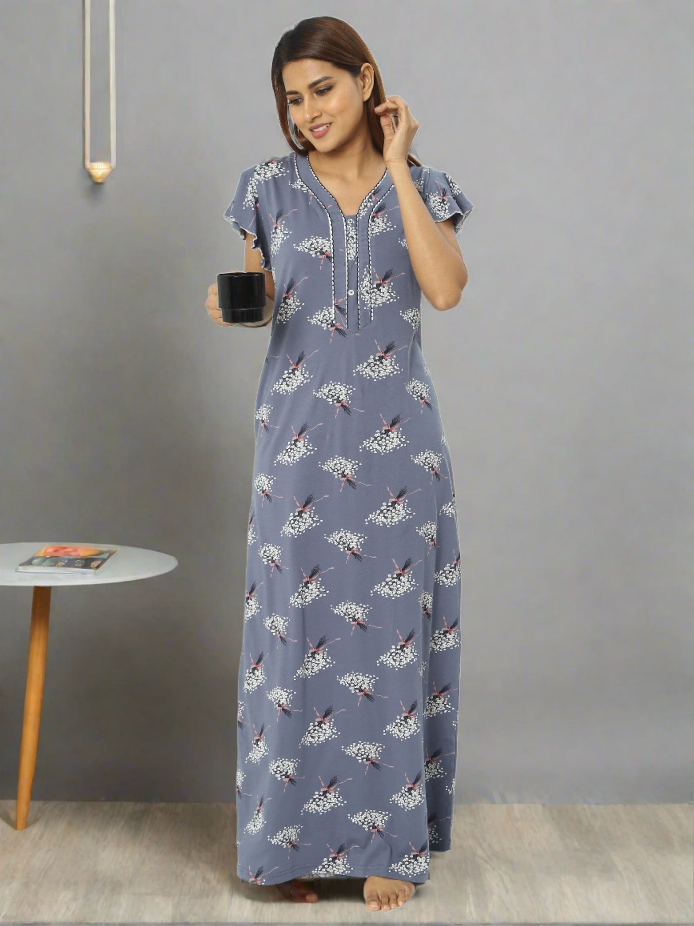Hosiery Cotton Designer Nighty Dark Grey