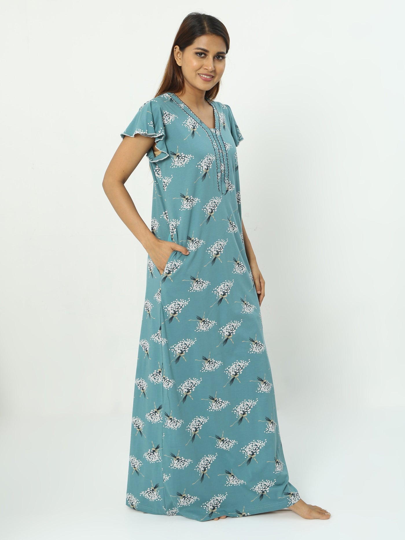 Hosiery Cotton Designer Nighty Green