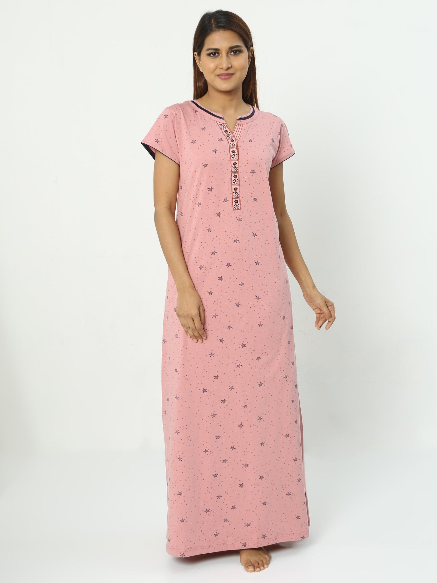 Hosiery Cotton Designer Nighty Peach