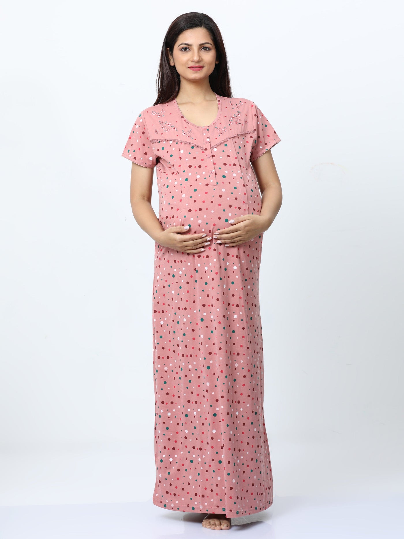 Cotton Blend Maternity Feeding Nighty Peach