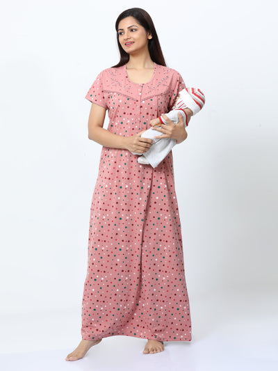 Cotton Blend Maternity Feeding Nighty Peach