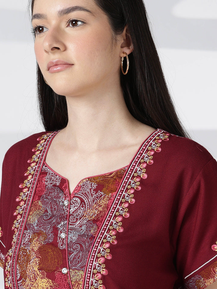 Regal Maroon Alpine Designer Nighty for Women with Embroidered A Line Fit