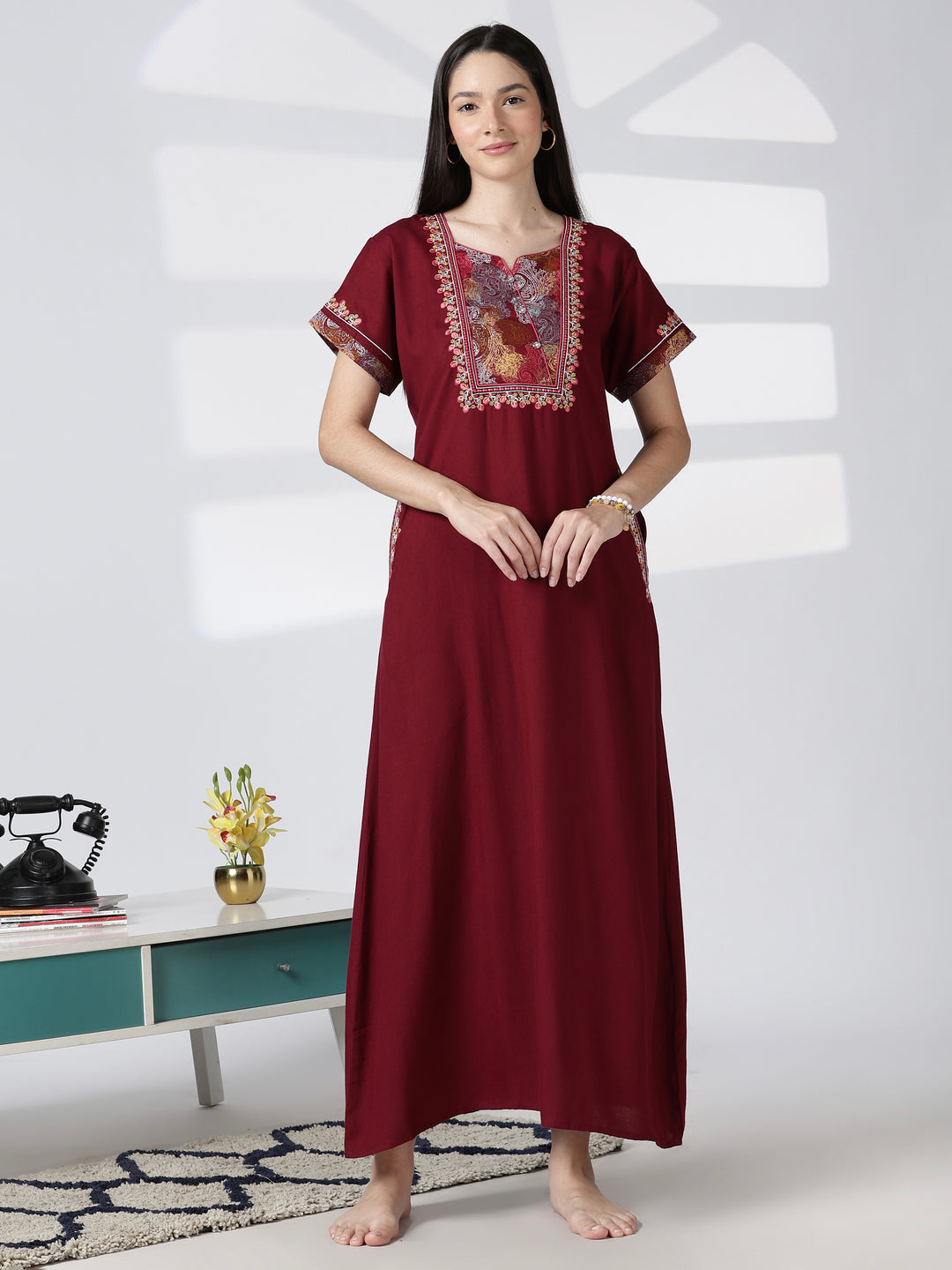 Regal Maroon Alpine Designer Nighty for Women with Embroidered A Line Fit