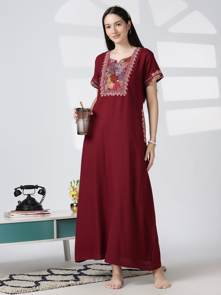 Regal Maroon Alpine Designer Nighty for Women with Embroidered A Line Fit