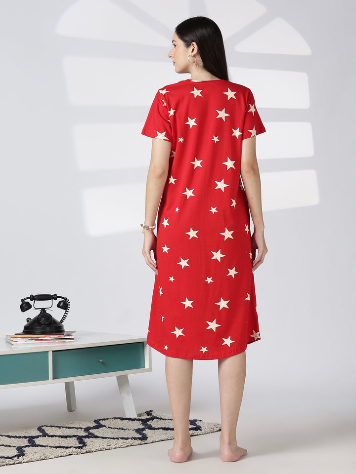 Red Star Printed Cotton Short Nighty for Women Comfortable Fit