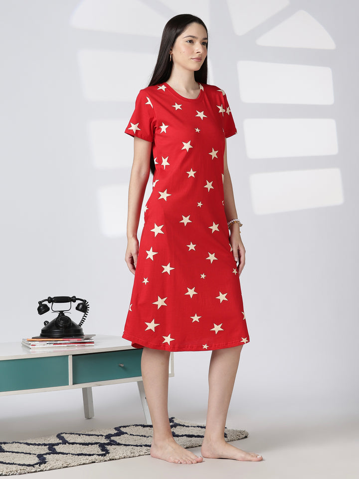 Red Star Printed Cotton Short Nighty for Women Comfortable Fit