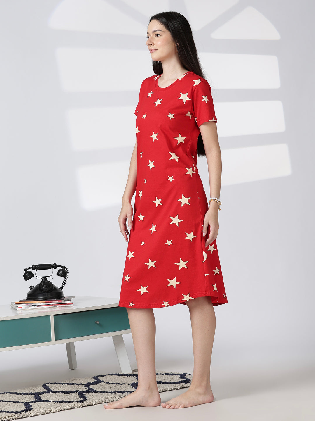 Red Star Printed Cotton Short Nighty for Women Comfortable Fit