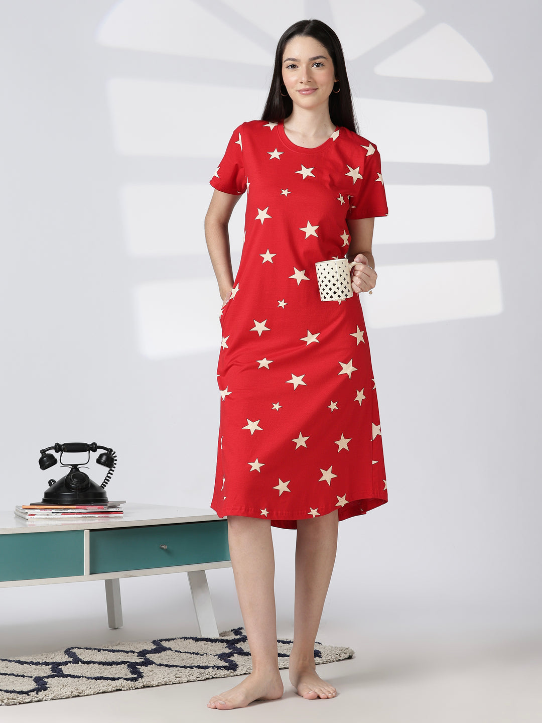 Red Star Printed Cotton Short Nighty for Women Comfortable Fit