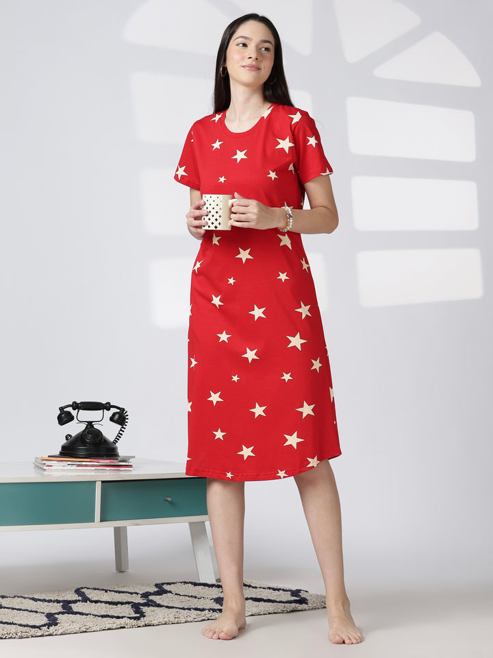 Red Star Printed Cotton Short Nighty for Women Comfortable Fit