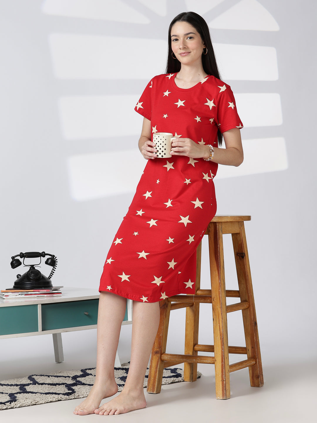 Red Star Printed Cotton Short Nighty for Women Comfortable Fit