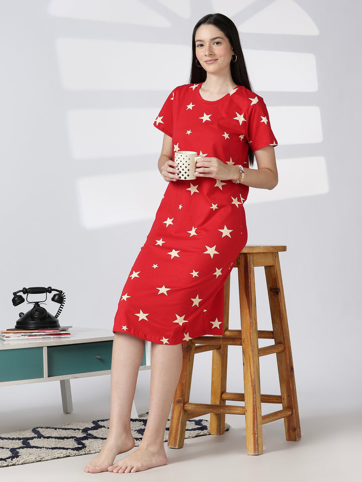 Red Star Printed Cotton Short Nighty for Women Comfortable Fit