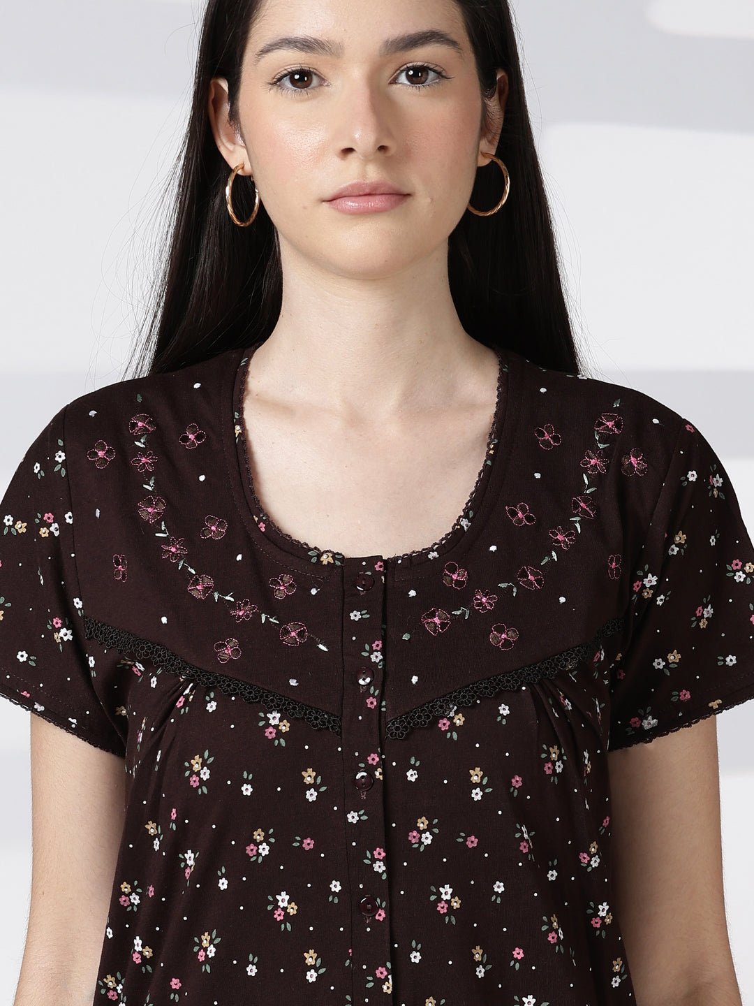 Noor Cotton Blend Floral Print Nighty for Women with Feeding Buttons