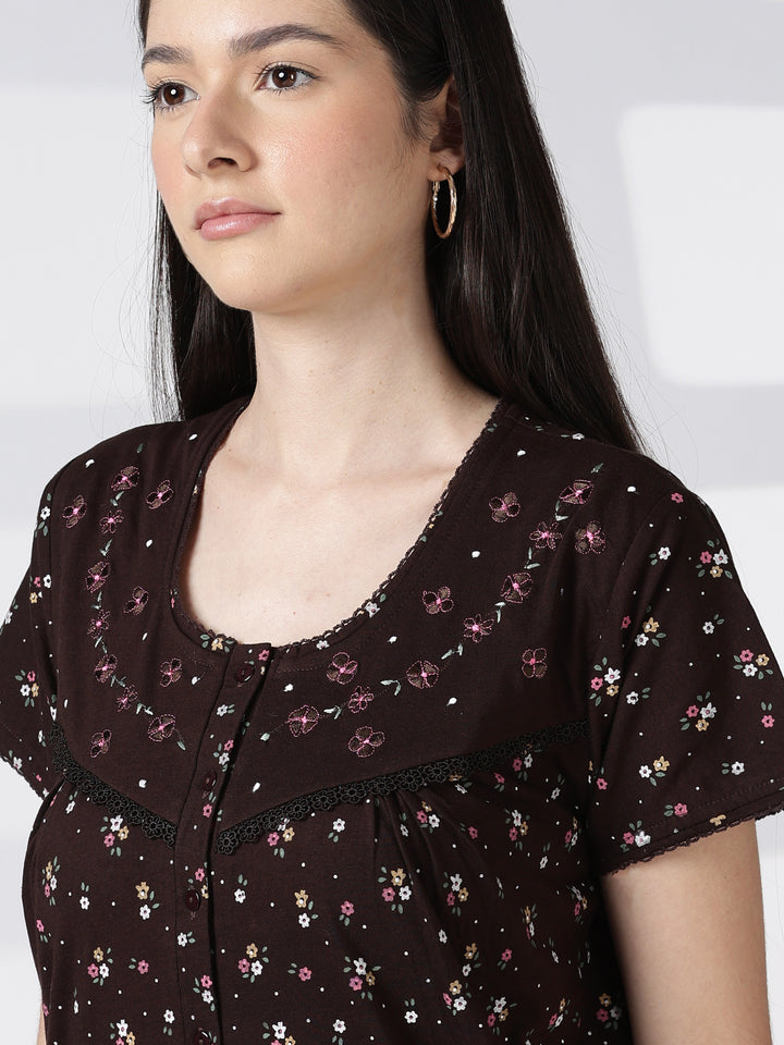Noor Cotton Blend Floral Print Nighty for Women with Feeding Buttons