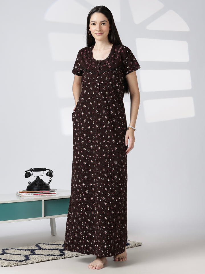 Noor Cotton Blend Floral Print Nighty for Women with Feeding Buttons